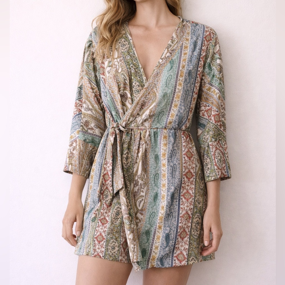 Zara Satin Wrap Romper Paisley Print XS V Neck Tie Waist Boho Spring Summer